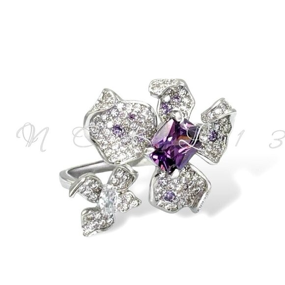 NWT Statement Ring Orchid Flower S925 Sterling Silver CZ Open Adjustable - Picture 1 of 13